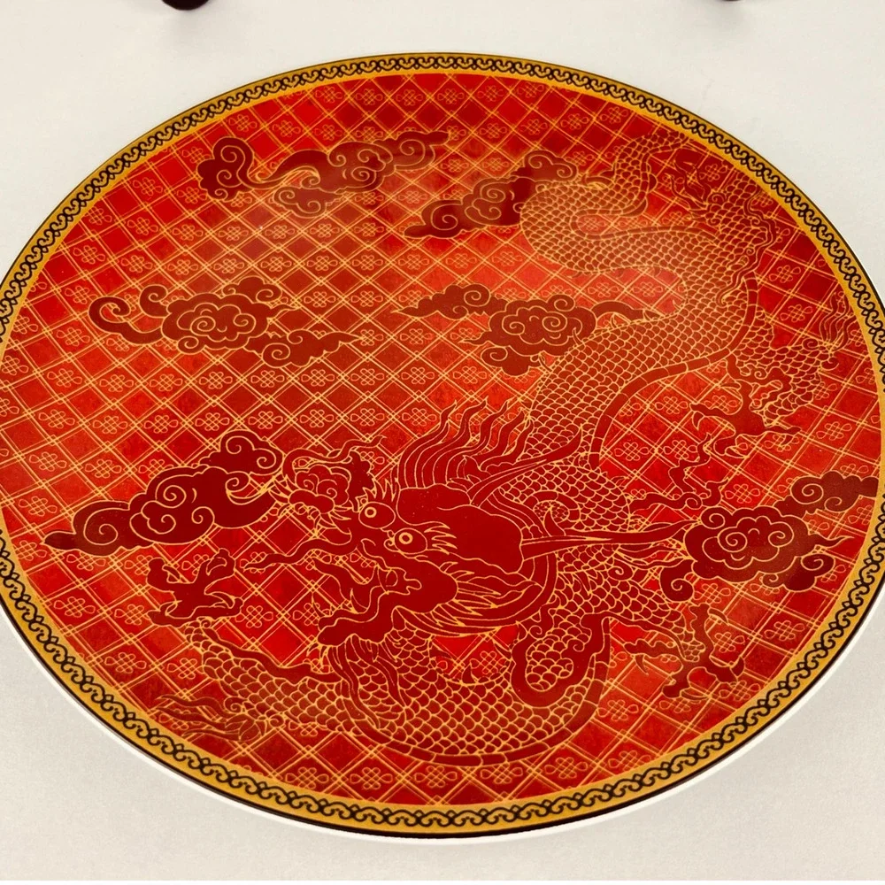 Williams Sonoma Lunar Dinner Plates SET OF 4 Dragon Red Gold 10 3/4